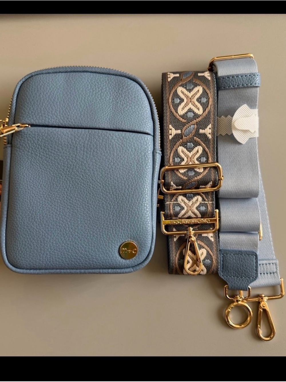 M+RC Noir Sky Blue Compact Crossbody Bag with Decorative Strap